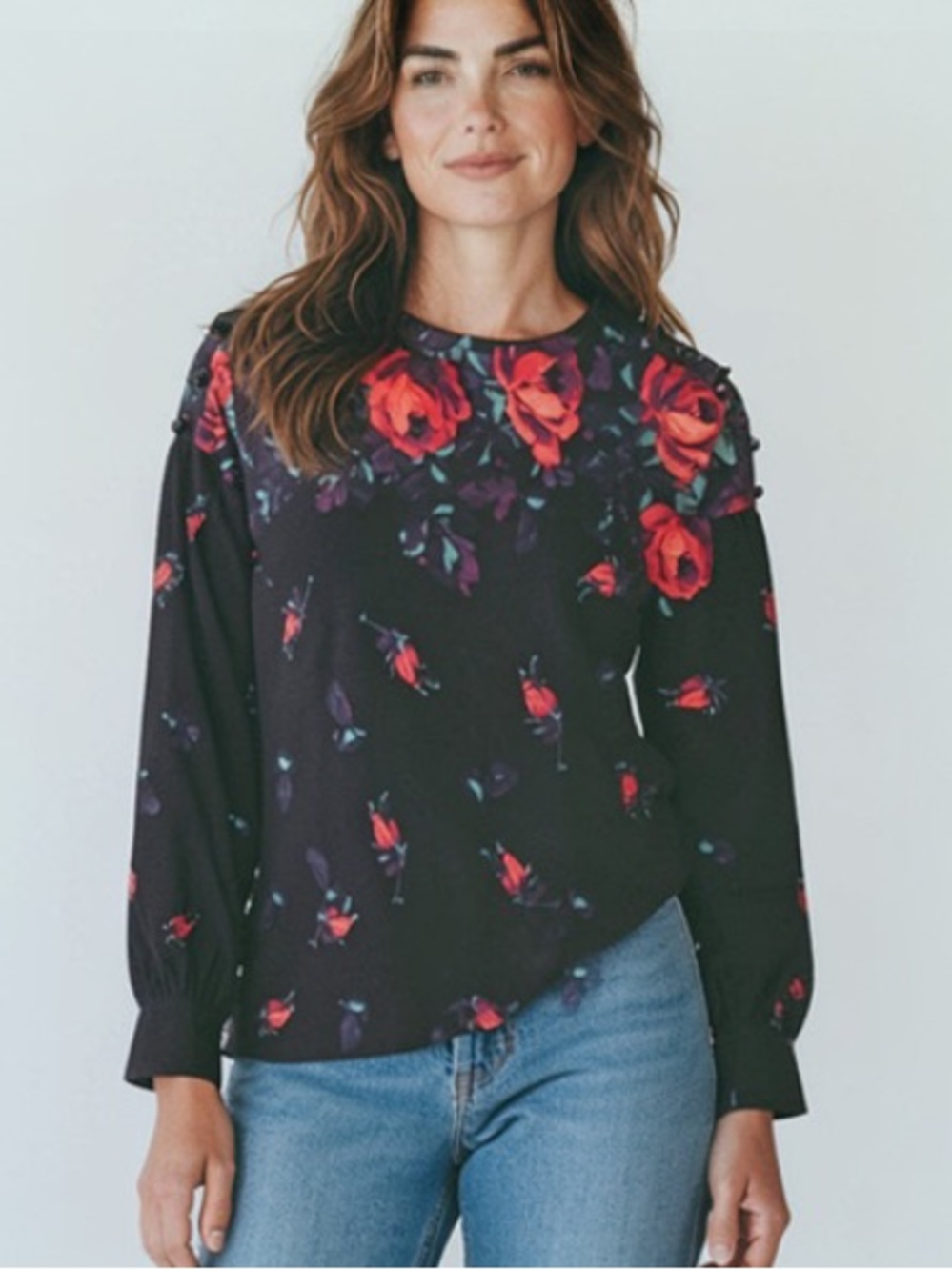 Maeve Black Long-Sleeve Top with Red Rose Print